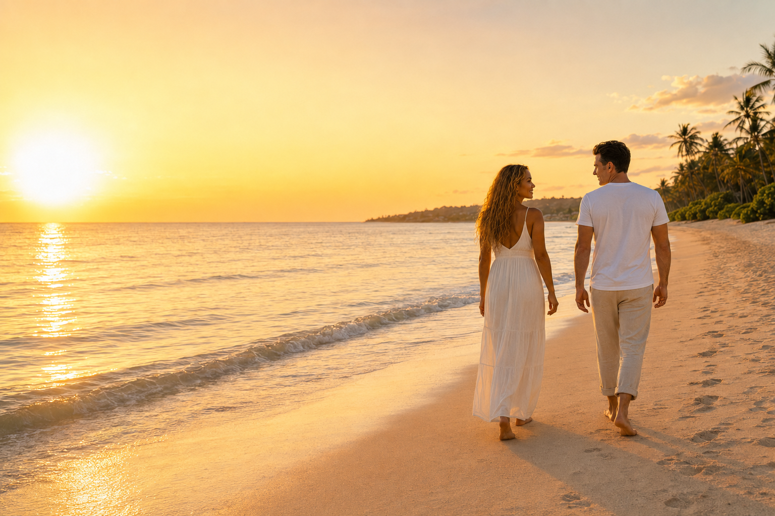 Mia and Kai walking along a Riviera Maya beach at golden hour